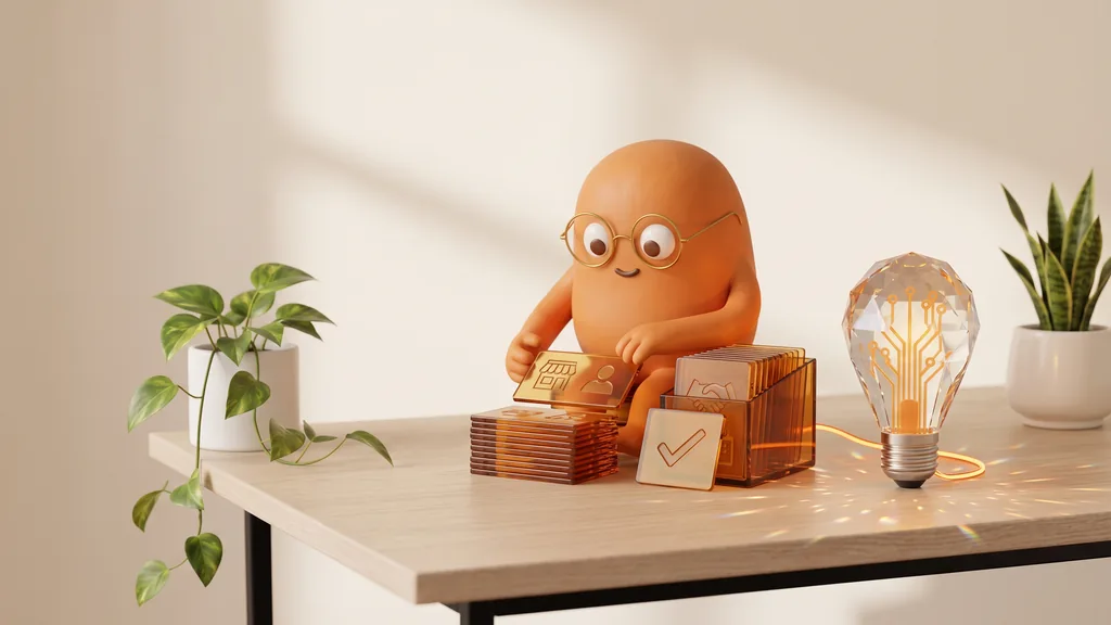 An orange mascot in round glasses reads a stack of amber glass cards beside a card file, with a glowing crystal light bulb at the end of a pale oak desk