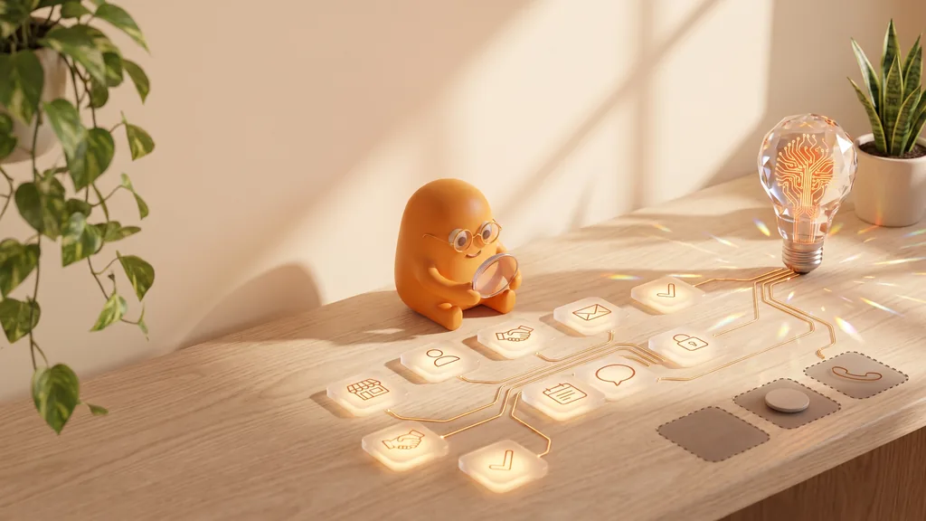 The orange mascot studies a map of glass tiles on the desk, most of them lit and a few still dim, linked by thin amber lines to a lit crystal bulb