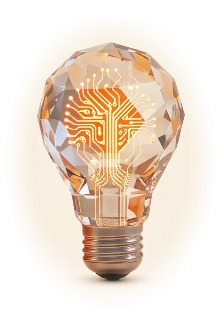 A crystal light bulb with a glowing circuit inside