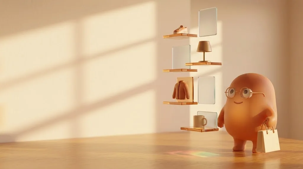 An orange mascot in round glasses carries a small paper shopping bag past floating shelves that hold a sneaker, a lamp, a jacket and a mug