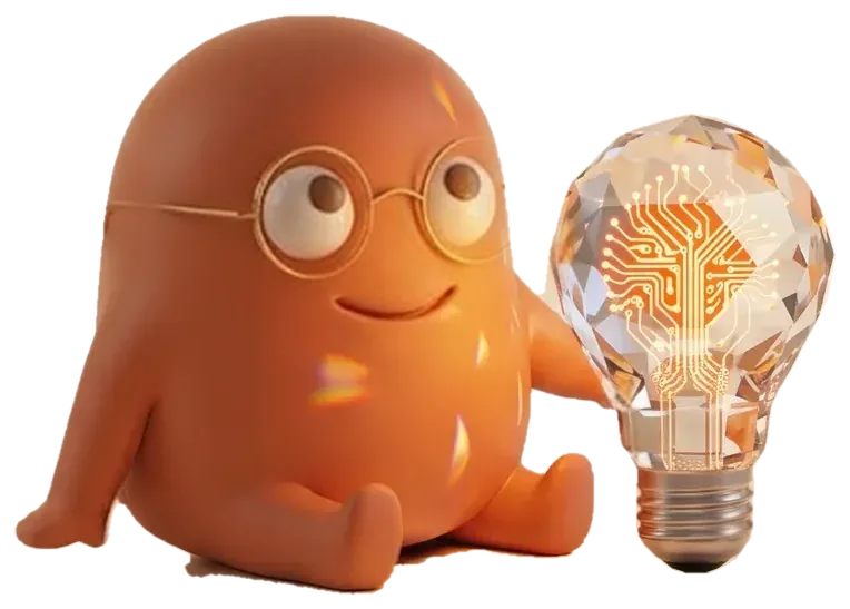 An orange mascot in round gold glasses smiles beside a glowing crystal light bulb. Icons for email, calendar, chat, code and documents feed into the bulb, and finished work comes out the other side.