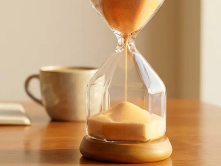 An hourglass beside a coffee mug on a wood desk