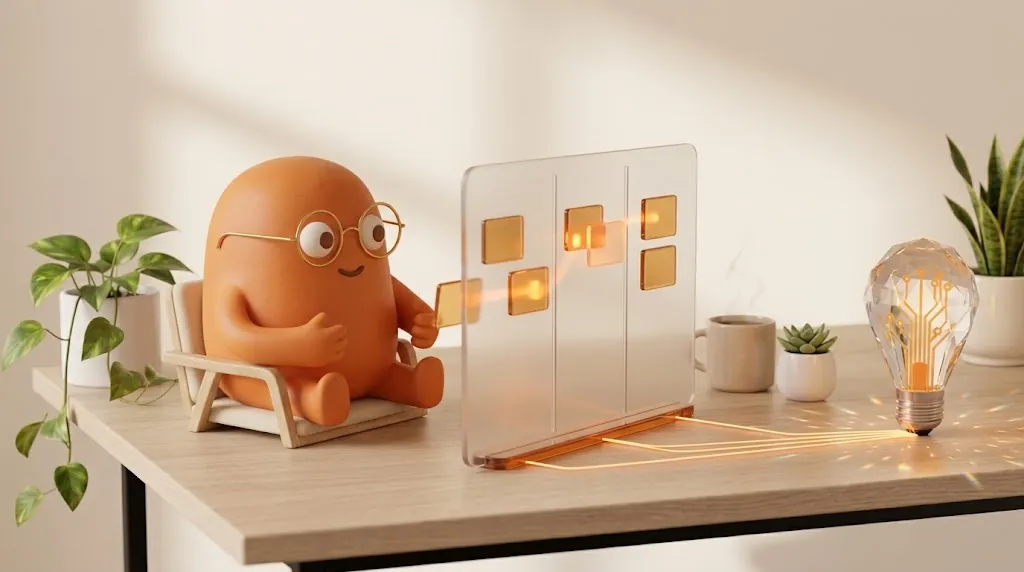 The orange mascot sits in its own small chair at the desk beside a frosted glass task board of amber cards, linked by glowing lines to a crystal bulb