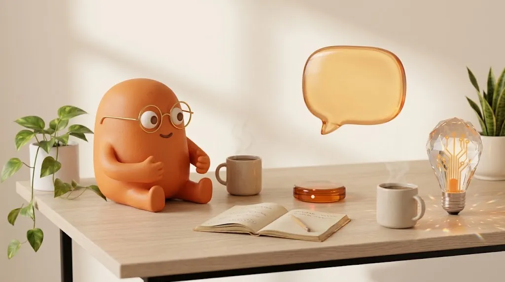 The orange mascot sits at the desk listening, with two mugs of coffee, an open notebook and a small amber recorder with a red light, while a glass speech bubble floats above the guest's side