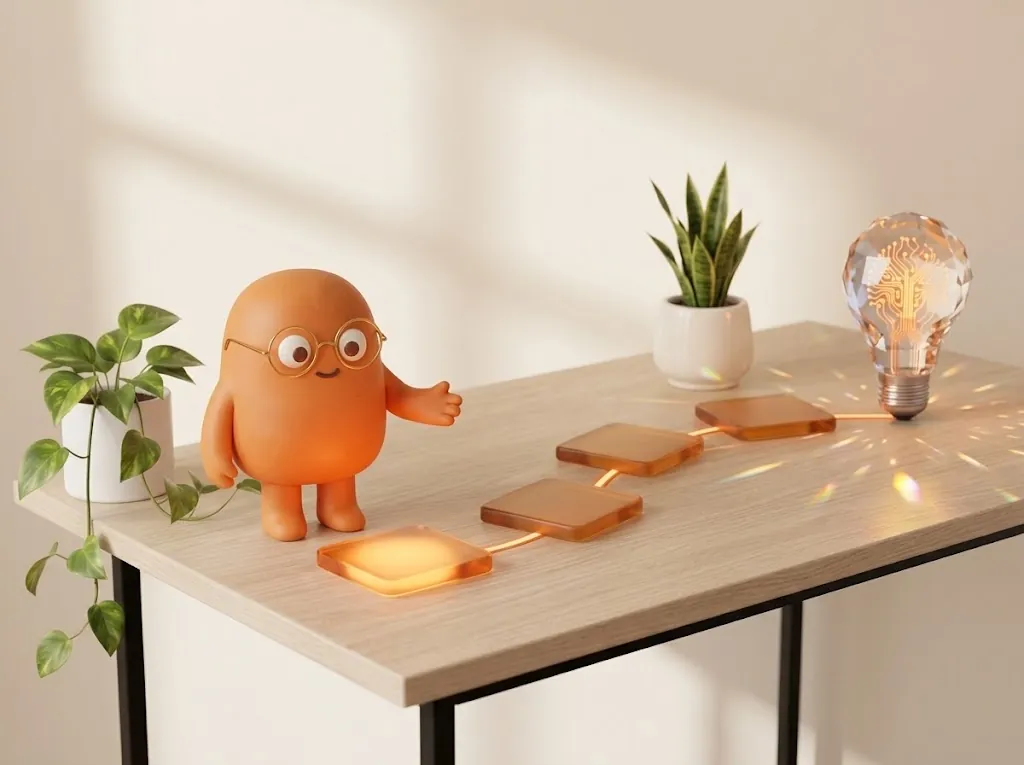 An orange mascot with glasses stands on a light oak desk and waves the viewer along four amber glass tiles, the first one lit, toward a glowing crystal light bulb