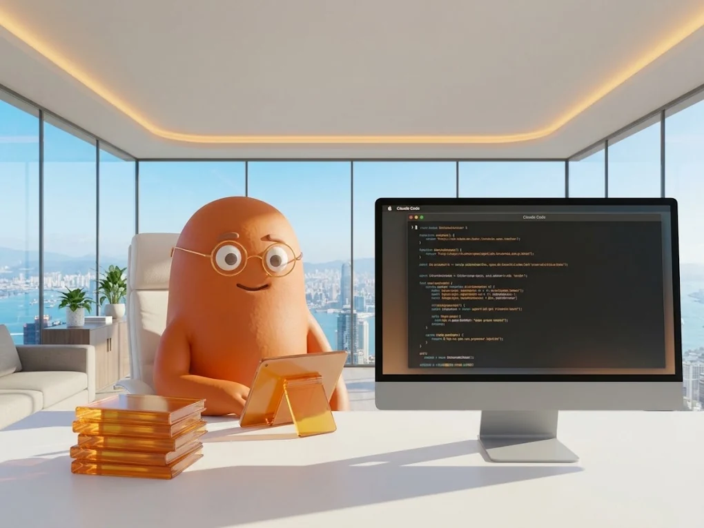 The orange mascot reads a tablet beside a stack of five amber glass books at an office desk, with a Claude Code session on the monitor