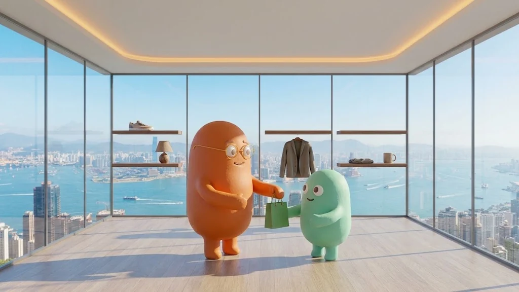 An orange mascot in round glasses hands a green shopping bag to a smaller mint-green character, in front of floating shelves that hold a sneaker, a lamp, a jacket and a mug