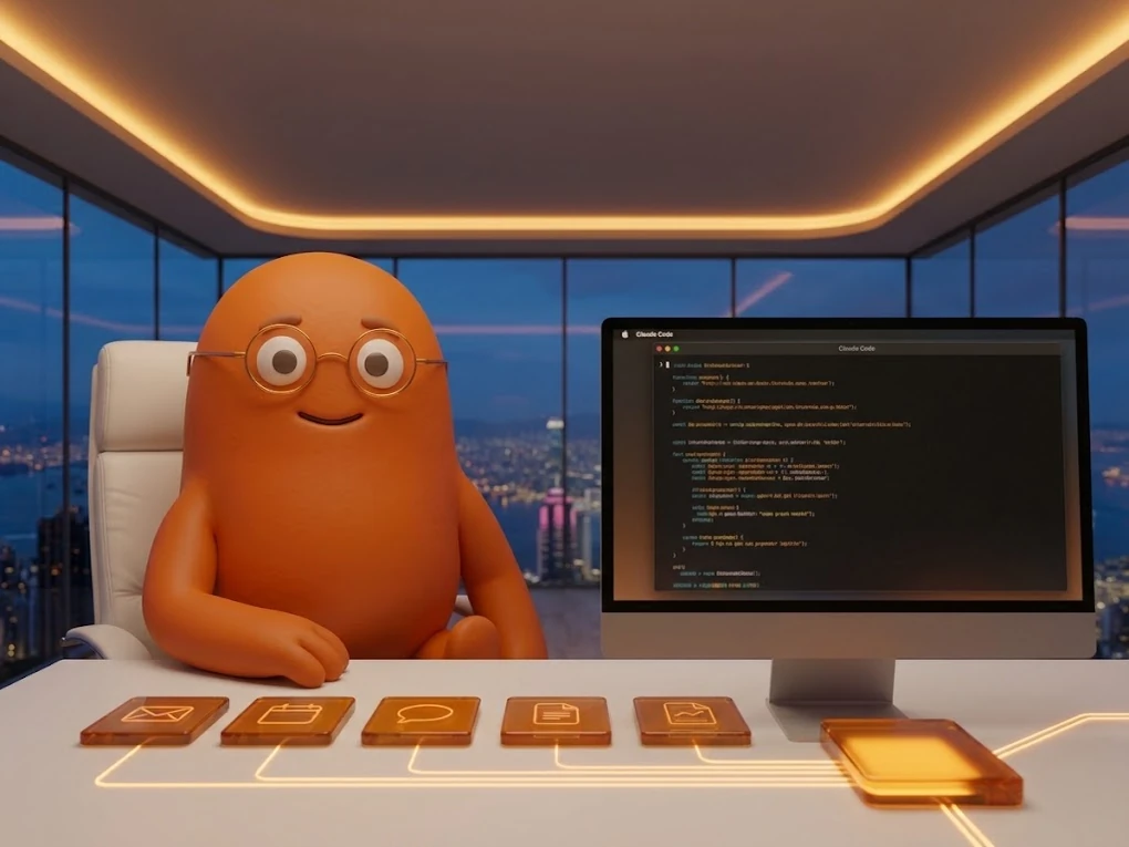 The orange mascot sits at a white desk in a bright high-rise office, arranging amber glass tiles for email, calendar, chat, documents and reports, linked by glowing lines to one larger lit tile, with a Claude Code session on the monitor