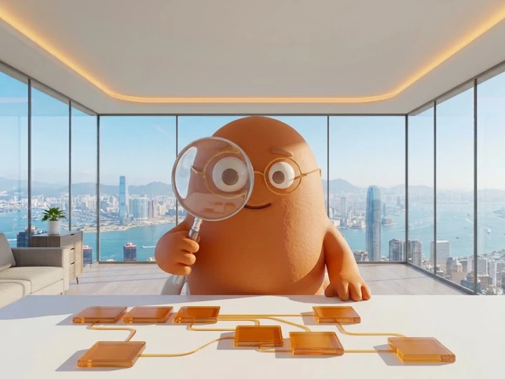 The orange mascot peering through a magnifying glass at a map of amber glass tiles on an office desk