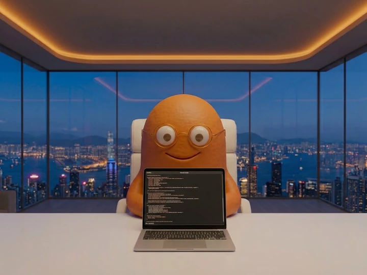 The orange mascot sits behind an open laptop that shows a Claude Code session, in an office at night