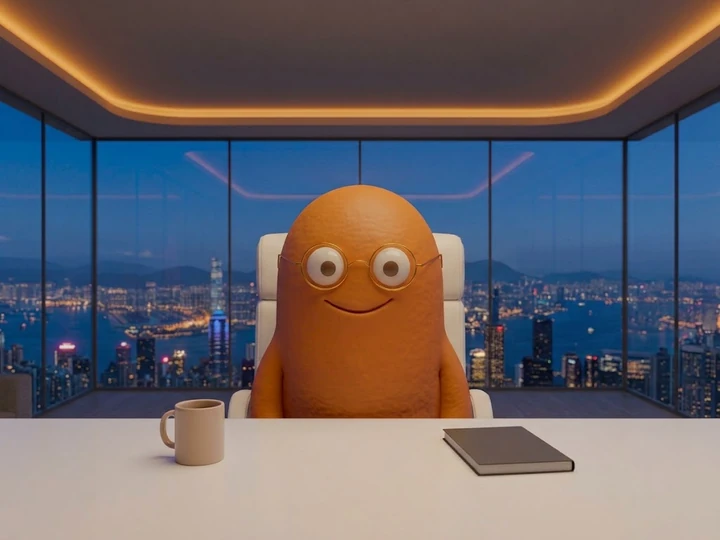The orange mascot smiling at an office desk beside a coffee mug and a notebook, with a city skyline at dusk behind it