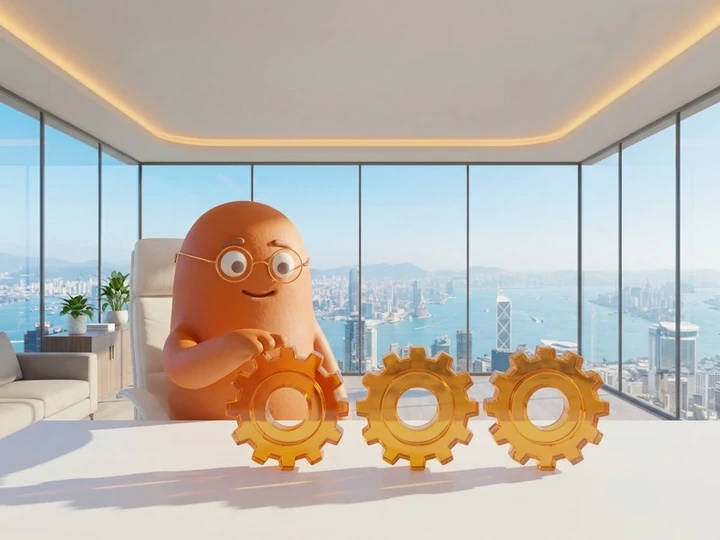 The orange mascot resting an arm on one of three amber glass gears on an office desk