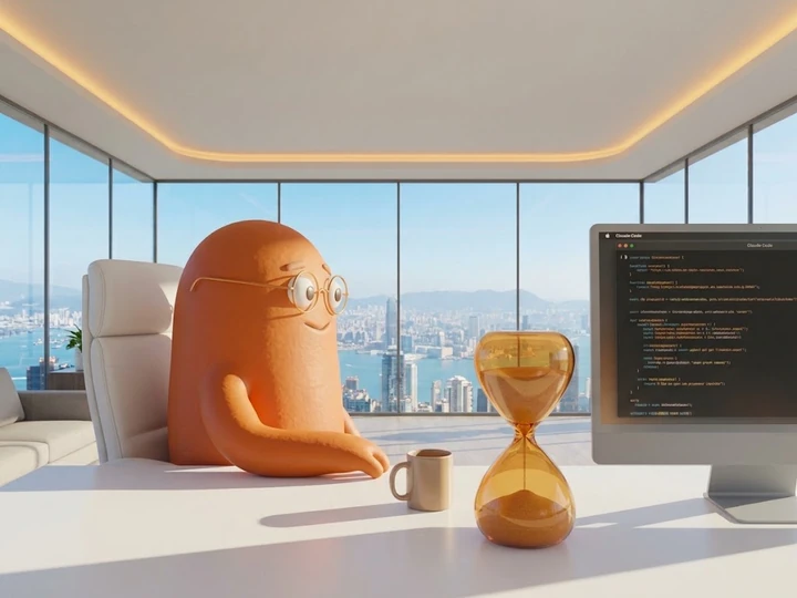 The orange mascot sitting at an office desk beside a coffee mug and a large hourglass, with a Claude Code screen beside it